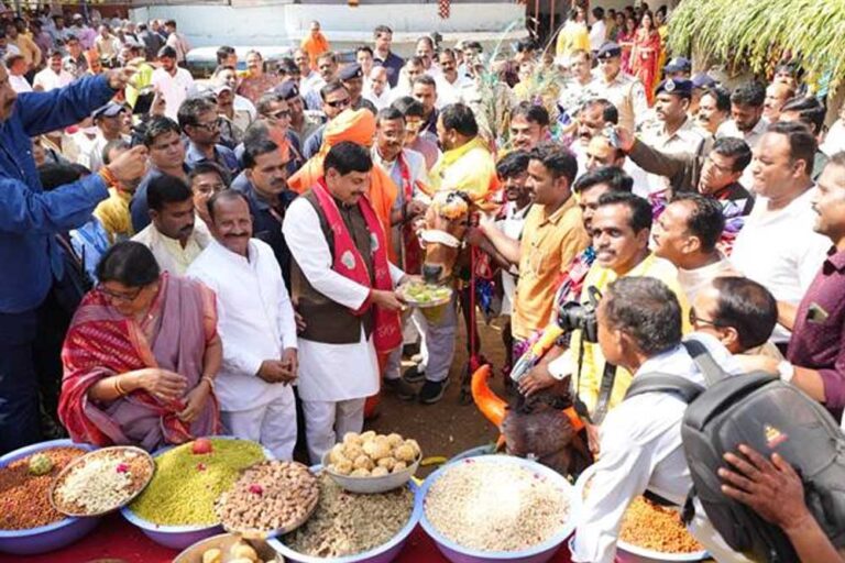 मुख्यमंत्री डॉ. यादव गोवर्धन पूजा के पर्व पर तिलकेश्वर गौ-सेवा सदन पहुंचे