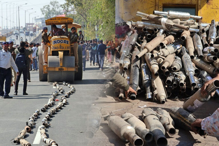 इंदौर में होलकर कालेज के सामने ट्रैफिक पुलिस ने दो पहिया वाहनों से जब्त किए मोडिफाइड साइलेंसर पर बुलडोजर चलाया