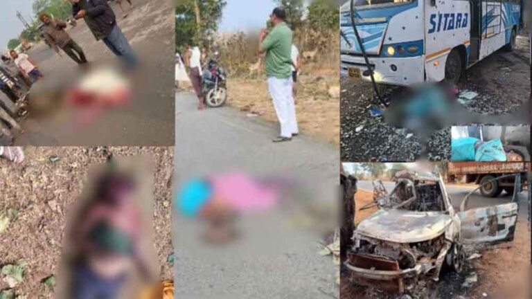 छत्तीसगढ़-30 यात्रियों से भरी बस खड़े ट्रक से टकराने और ट्रक की टक्कर से बाइक सवार दंपत्ति सहित 6 की मौत छत्तीसगढ़-30 यात्रियों से भरी बस खड़े ट्रक से टकराने और ट्रक की टक्कर से बाइक सवार दंपत्ति सहित 6 की मौत