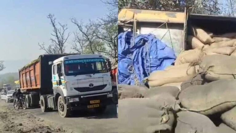 पेंड्रा बिलासपुर मुख्यमार्ग पर धान से लदा ट्रक पलटा, लगा लंबा जाम