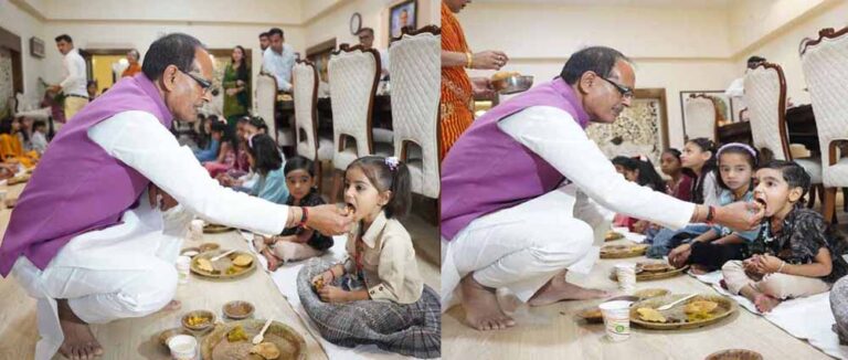 केंद्रीय कृषि मंत्री शिवराज सिंह ने रामनवमी पर कन्या अपने हाथों से खिलाया भोजन