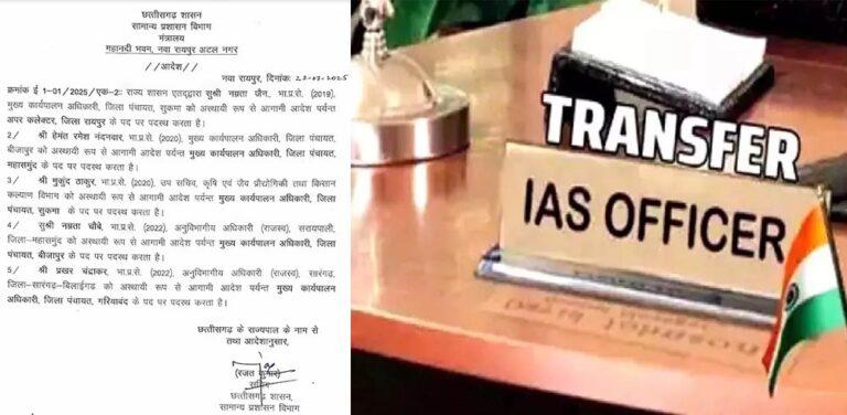 छत्तीसगढ़ में 5 IAS अधिकारियों का ट्रांसफर, रायपुर को मिली नई अपर कलेक्टर छत्तीसगढ़ में 5 IAS अधिकारियों का ट्रांसफर, रायपुर को मिली नई अपर कलेक्टर