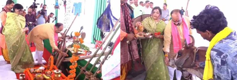 हरेली पर डिप्टी सीएम साव का पारंपरिक अंदाज़: गाय को खिलाई लोंदी, गेड़ी पर चढ़कर लिया उत्सव का आनंद