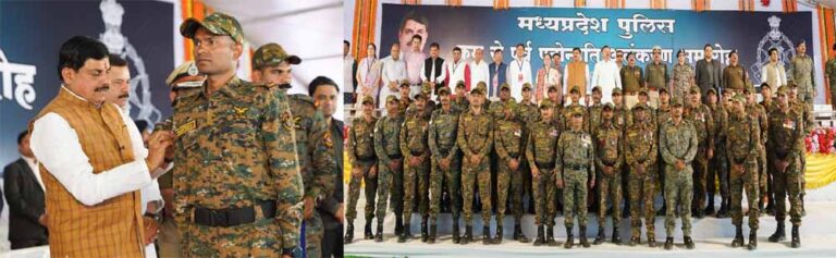 मुख्यमंत्री डॉ मोहन यादव नक्सली मुठभेड़ में अदम्य साहस दिखाने वाले 60 जवानों को क्रम  से पूर्व पदोन्नति देने के लिए कार्यक्रम में पहुंचे।